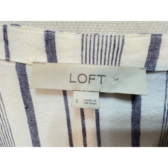 Loft Womens Linen Blend Button Up Shirt Size L White Blue Striped Casual Summer - Picture 2 of 12